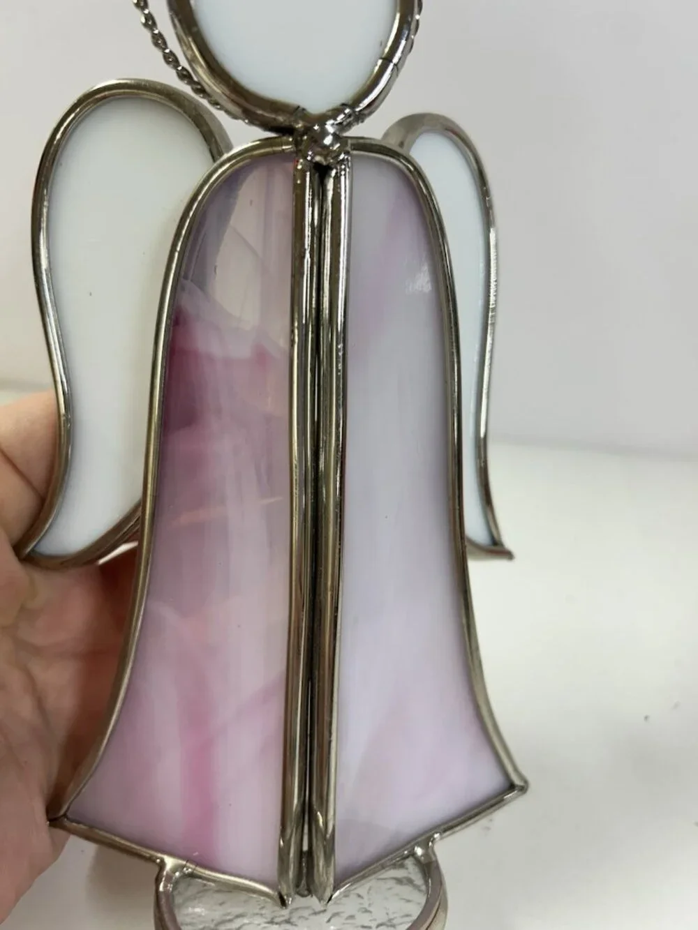 Vintage Stained Glass Angel Suncatcher Figurine Pink White Standing Holiday